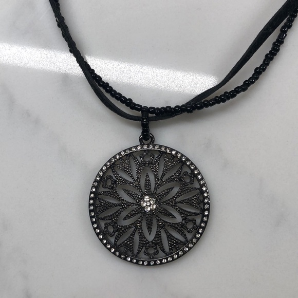 16 inch black medallion necklace with gems - Picture 2 of 5